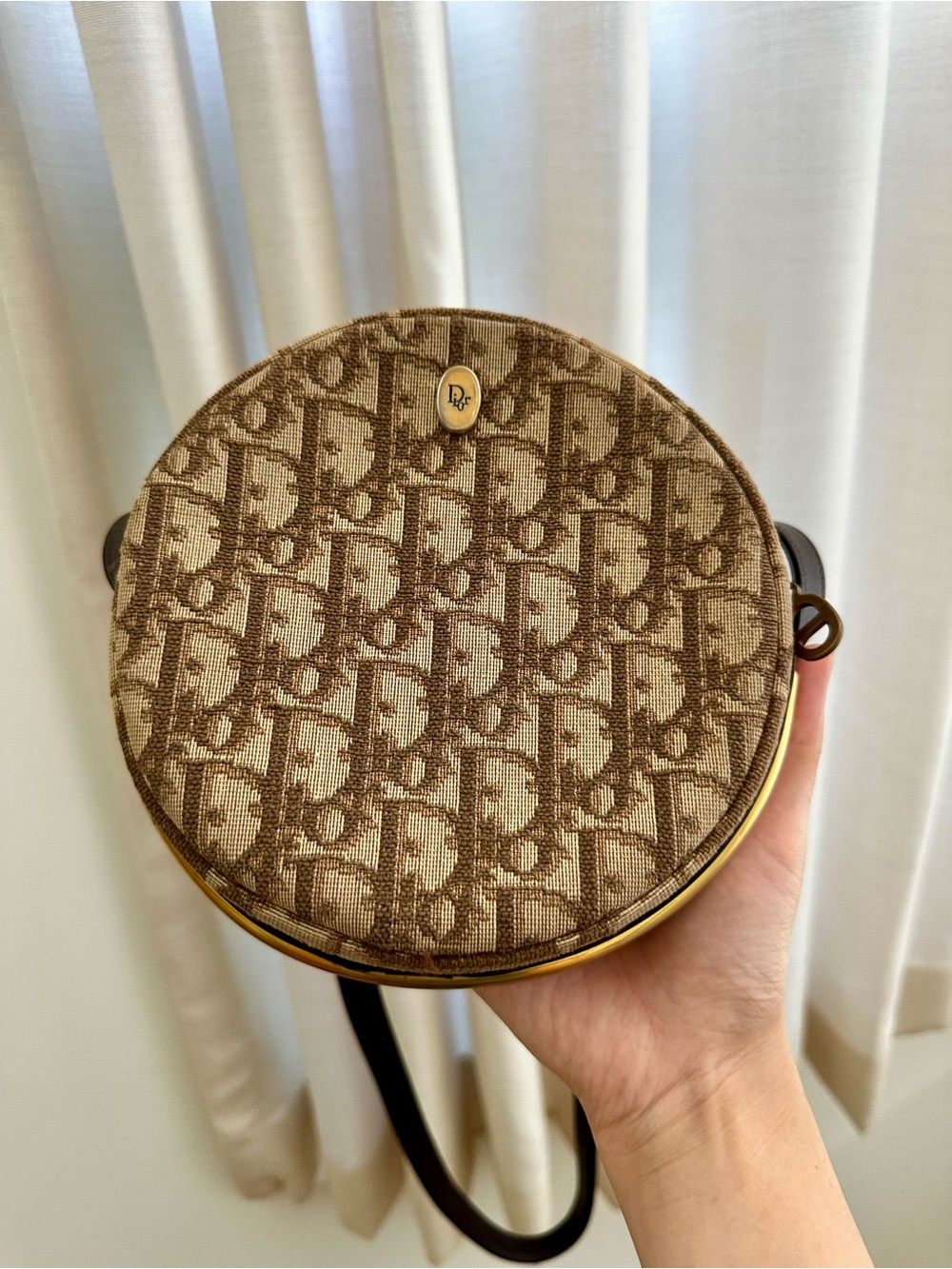Authentic Vintage Dior Brown Monogram Round Crossbody with Gold Accent